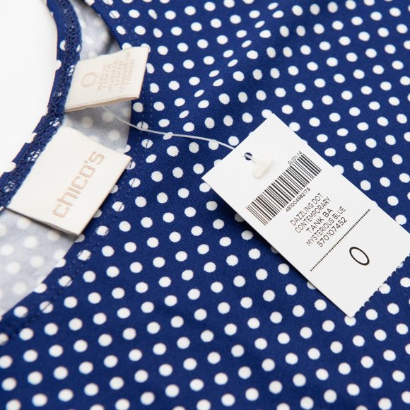 Chico's Dazzling Dot Tank Top Polka Dot Stretch Blue White Size 0 Small New - Picture 4 of 7